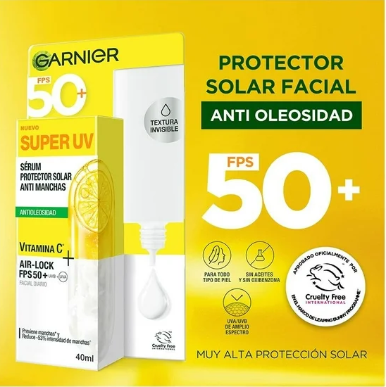 Protector Solar Facial Garnier Skin Active Antioleosidad Fluido Sin Color FPS 50+ con Vit C 40 ml