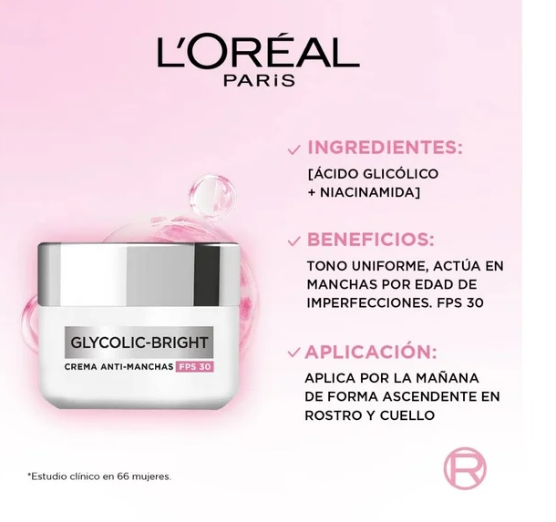 Crema facial L'Oréal Paris Glycolic Bright día antimanchas FPS 30 ácido glicólico, niacinamida 50 ml