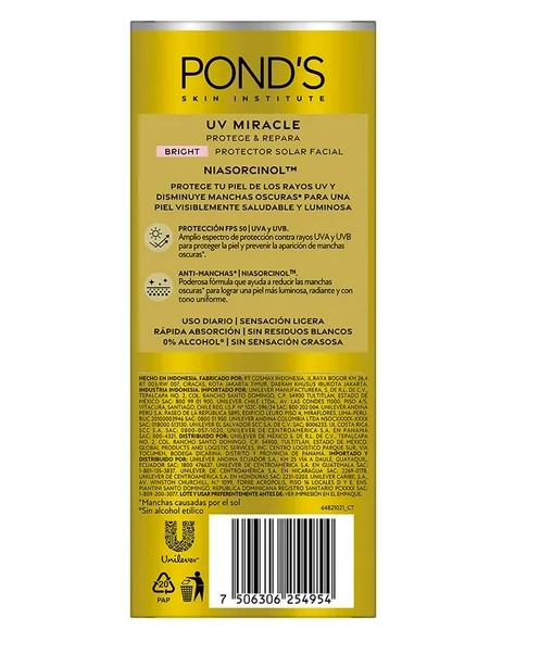 Protector Solar Facial Pond's UV Miracle Bright FPS 50 con Niasorcinol 40gr