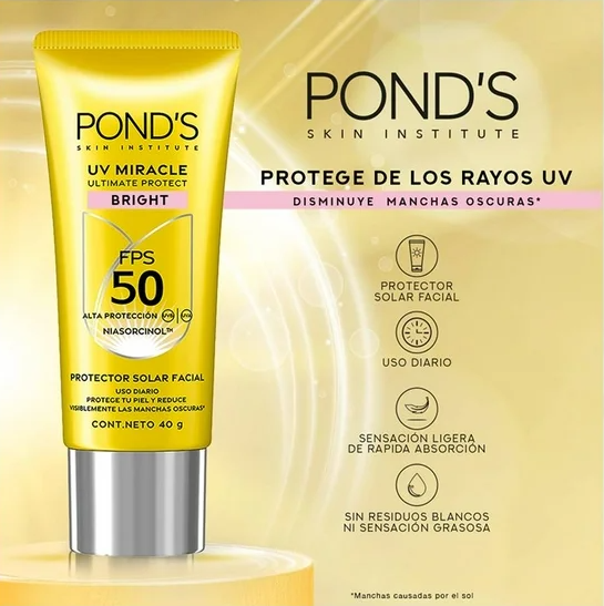 Protector Solar Facial Pond's UV Miracle Bright FPS 50 con Niasorcinol 40gr