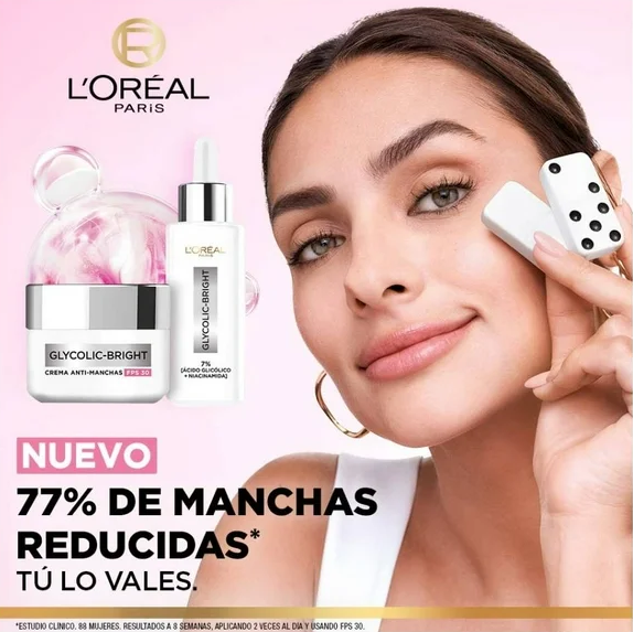 Crema facial L'Oréal Paris Glycolic Bright día antimanchas FPS 30 ácido glicólico, niacinamida 50 ml