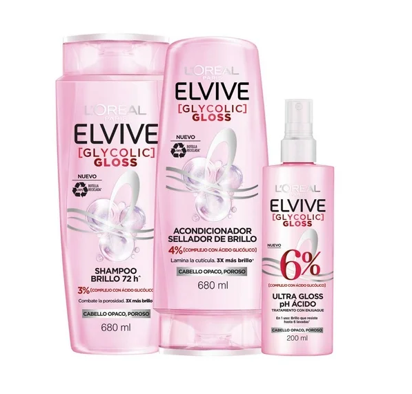 Rutina Glycolic Gloss L'Oréal Elvive Shampoo 680 ml + Acondicionador 680 ml + Tratamiento 200 ml