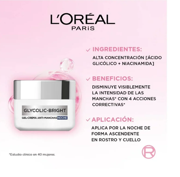 Crema facial L'Oréal Paris Glycolic Bright noche antimanchas ácido glicólico, niacinamida 50 ml