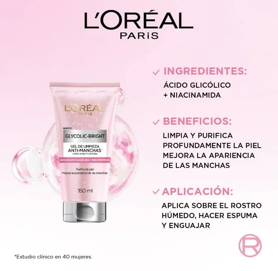 Gel limpiador L'Oréal Paris Glycolic Bright antimanchas ácido glicólico, niacinamida 150 ml