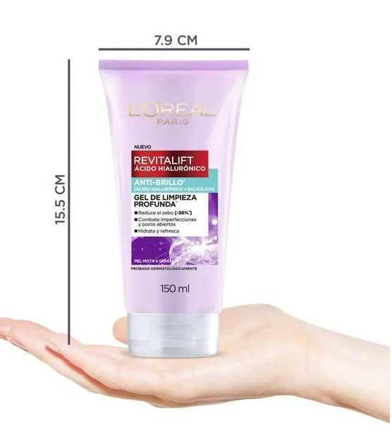 Gel de limpieza L'Oréal Revitalift control de brillo con ácido hialurónico 150 ml
