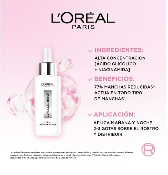 Sérum facial Loreal Paris Glycolic Bright antimanchas ácido glicólico, niacinamida 30 ml