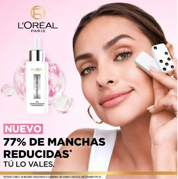 Sérum facial Loreal Paris Glycolic Bright antimanchas ácido glicólico, niacinamida 30 ml