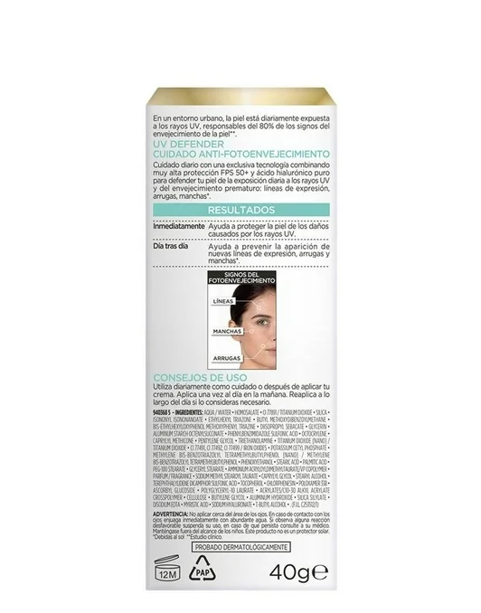 Protector Solar Diario FPS50+ L'Oréal Paris UV Defender Anti Brillo tono claro 40 g