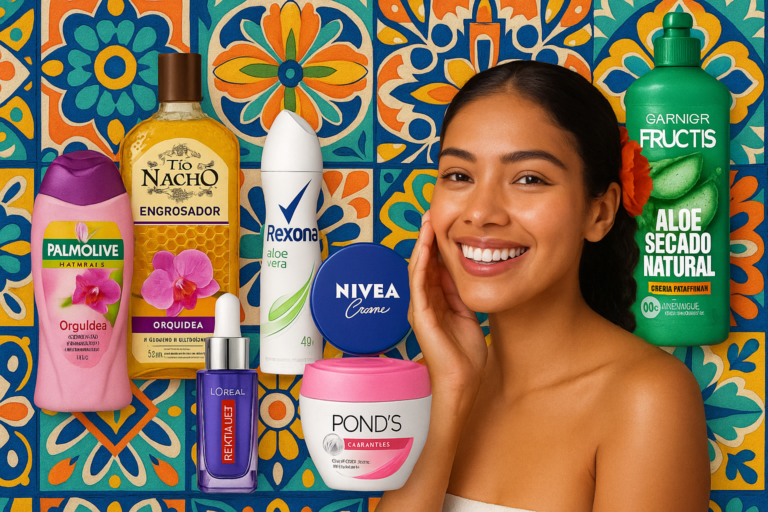 fotos reales de productos de las marcas tio nacho, palmolive, rexona, real, ego, nivea, loreal, ponds, folicure, fructis garnier en forma de collage y con un fondo colorido mexicano con talavera todo esto de fondo con una mujer joven y bonita de aspecto mexina al frente sonriendo y tocando su cara