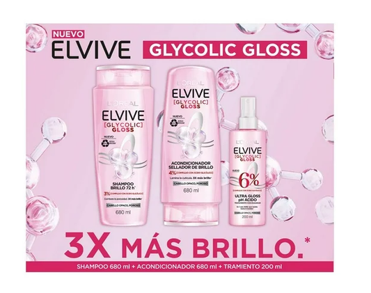 Rutina Glycolic Gloss L'Oréal Elvive Shampoo 680 ml + Acondicionador 680 ml + Tratamiento 200 ml