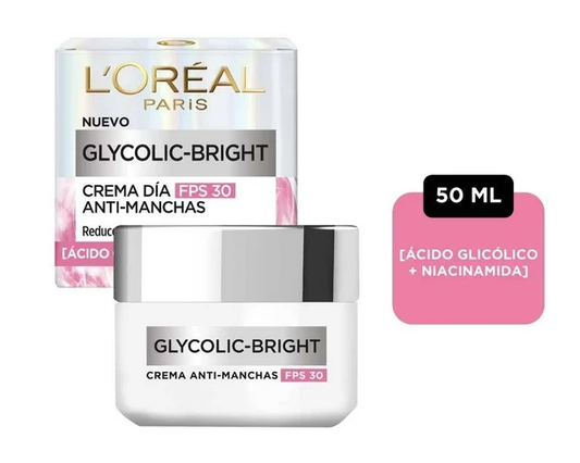 Crema facial L'Oréal Paris Glycolic Bright día antimanchas FPS 30 ácido glicólico, niacinamida 50 ml