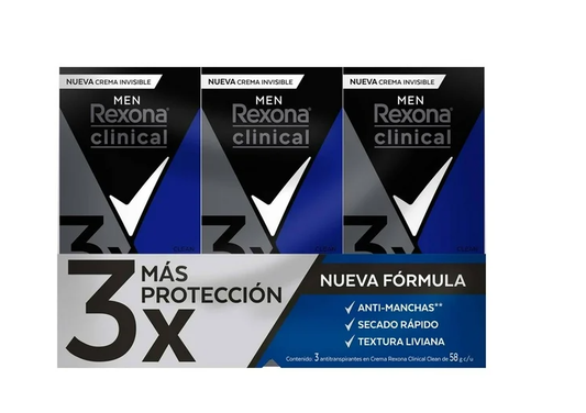 Antitranspirante en Crema Rexona Clinical Classic 3 pzas de 58 g c/u