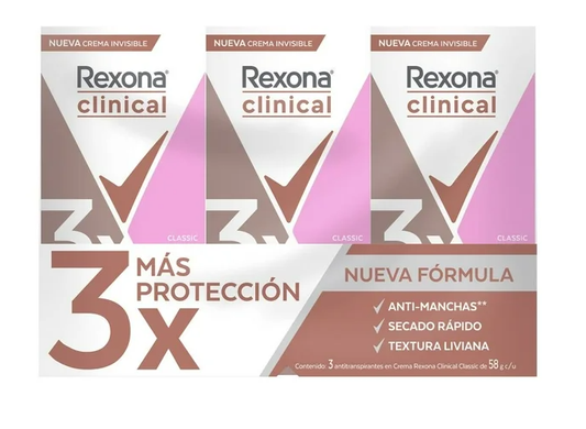Antitranspirante Rexona Woman Clinical Classic 3 pzas de 58 g c/u