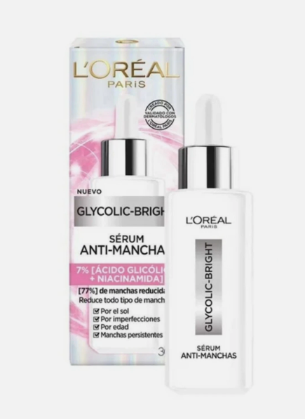 Sérum facial Loreal Paris Glycolic Bright antimanchas ácido glicólico, niacinamida 30 ml